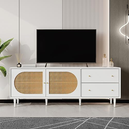KAZZIO Práctico mueble de TV blanco con patas de madera auténtica y mucho espacio de almacenamiento – 2 cajones, 2 puertas con elegante diseño de ratán para su electrónica de consumo