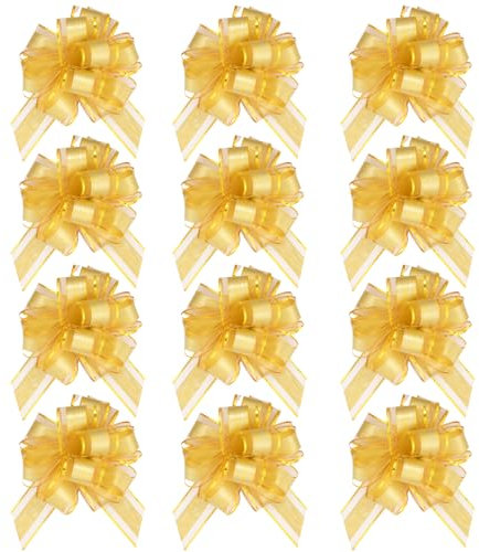 HOTUT Große Geschenkschleife, 12 Stück Geschenk Schleife mit Geschenkbänder, Ziehschleife ø 16 cm Dekoschleifen für Auto Dekor geschenkdekoration Hochzeit Geburtstag Weihnachten - Gold