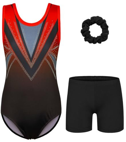 ZNYUNE Turnanzug mädchen Shorts Bunte Funkeln Gymnastik Trikots Farbverlauf Gymnastikanzug für Mädchen Strass B367 RedBlack 10A