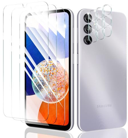 3+3 Stück Schutzfolie für Samsung Galaxy A14, Panzer Schutz Glas Folie Displayschutz und Kameraschutz, gehärtete Glasfolie, Panzerfolie Schutzglas, 9H Härte, HD Klar, Anti- Kratzer