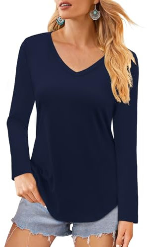 Elesomo Women's Basic Long Sleeve Cotton Tops Solid V Neck Tunic Tee Shirts, Navy Blue XL