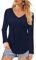Elesomo Women's Basic Long Sleeve Cotton Tops Solid V Neck Tunic Tee Shirts, Navy Blue XL