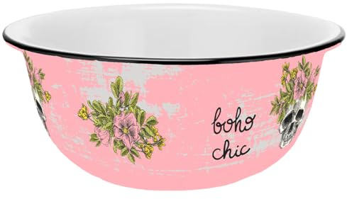 Gedalabels Müslischale Skull bohochic Emaille-Optik 600ml | Totenkopf | Halloween | mystisch | Gothic | Keramik | Müsli | Cornflakes | Joghurt | Rosa | Blumen | Chic