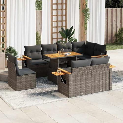 Rantry Gartenmöbel-Set, 9-teilig, mit grauen Kissen, Polyrattan, Akazie, Set für Schlafsofa, Wohnzimmer, Sofa, modernes Sofaset für den Außenbereich, Gartenmöbel Modell 3327616