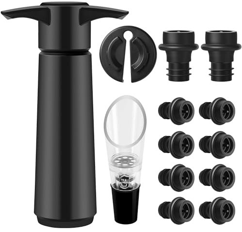 AUROAY Wine Saver Vacuum Pump with 10 Wine Stoppers Preserver Gift Set, 13 in 1 Reusable Bottle Sealer with 1 Aerator Pourer, 1 Foil Cutter