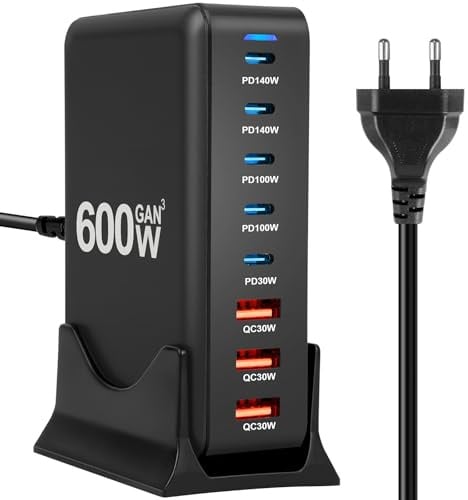 AXFEE 600W Caricatore USB C Multiplo, 8Port GaN III Alimentatore USB C-Nero | QC 30W PD 140W/100W/30W Laptop Caricabatterie Ricarica Rapido, per MacBook Air/Pro Laptop iPhone iPad SteamDeck