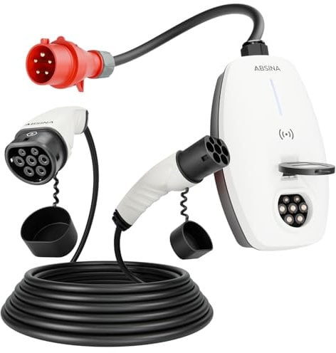 ABSINA Mobile Wallbox 11kW mit App Steuerung & 5 Meter Typ 2 Ladekabel 11kW für Elektro- & Hybridauto - 3 phasiges Ladekabel Typ 2 - Einstellbarer Ladestrom in der APP - Typ 2 Kabel Elektroauto Set