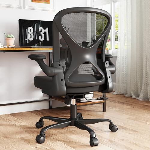 ZZH Ergonomischer Schreibtischstuhl, Mesh-Bürostuhl mit verstellbarer Lendenstütze & hochklappbaren Armlehnen, atmungsaktiver Computerstuhl fürs Homeoffice mit 360°-Drehung & Höhenverstellung, Schwarz