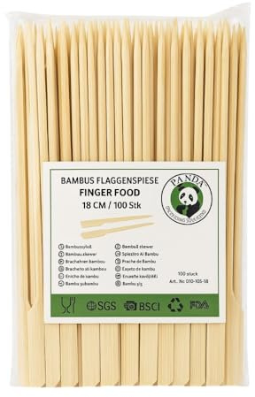 Commerline 100 Stück Spieße Fingerfood, 18 cm Holzspieße aus Bambus, Cocktailspieße für Mini Burger und Sandwich, Bambusspiesse für Snack und Marshmallow, Schaschlikspiesse Holz