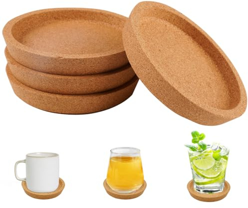 Pack of 4 Cork Coasters Round with Raised Edge, Korkuntersetzer Rund | 10.2 x 1.8 cm Reusable Cork Coasters, Waterproof Corks Coaster for Glasses, Home, Office, Restaurant, Kitchen, Bar
