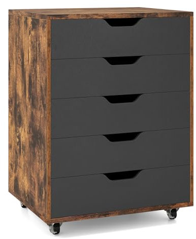 GIANTEX Rollcontainer mit 5 Schubladen, Aktenschrank mit Rollen, Schubladenschrank Holz, Druckertisch für Zuhause & Büro, 49 x 40 x 65 cm (Schwarz + Industrie, 5 Schubladen)