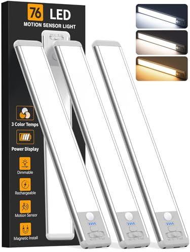 Under Cabinet Lighting Wireless, Rechargeable 10inch Motion Sensor Light Indoor, 3 Color Closet Light Battery Operated with LED Power Display, Magnetic Under Counter Lights for Kitchen, Home (3Pack)