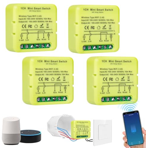 4 unidad interruptor wifi, MINI smart switch, interruptor inteligente, Módulo interruptor de Luz Inteligente bluetooth, Compatible con Smart Life/Tuya App, Alexa, Google Home, (Neutral Wire Required)