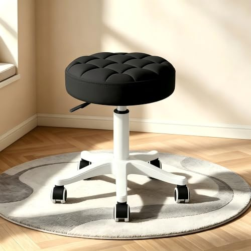 XUEGW Round Rolling Stool with Wheels Height Adjustable PU Leather Swivel Drafting Work SPA Salon Stools Office Chair Small