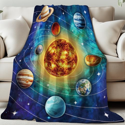 GLOBLELAND Sonnensystem Überwurf Für Damen Und Herren 150x130CM Neun Planeten Sonne Und Erde Weiche Gemütliche Flanelldecke Waschbar Flauschige Überwurfdecke Für Zuhause Büro Zimmer Bett Sofa Stuhl