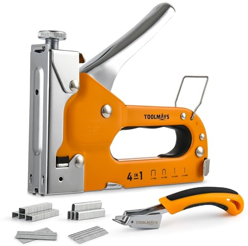 TOOLMAYS Handtacker Set inkl. 800 Klammern | Profi Tacker für Holz mit Klammerentferner und Kunststoffbox | Tackerpistole für Möbel, Stoff und Folie