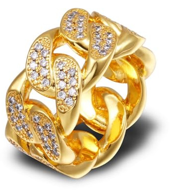 QSYJCCXD 14k Gold Round Cut Cuban Moissanit Ring, Hip-Hop-Ring, zeitloses Zubehör für den Gentleman