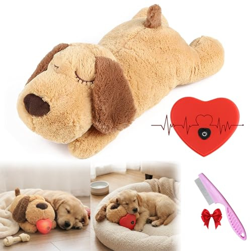 Qosigote Beruhigendes Herzschlag-Kuscheltier für Haustiere, Angstlindernd & Stressabbauend,Herzschlag Kuscheltier, Kissen Hundemotiv, Herzschlag-Spielzeug für Hunde, Welpen Schlafhilfe (Braun)
