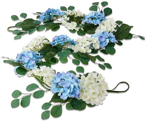 6FT Blue & White Hydrangea Garland, Artificial Flower Garland with Leaves — Faux Floral Vine for Fireplace Mantel, Wedding Arch, Staircase, Spring Home Decor, Party Decoration