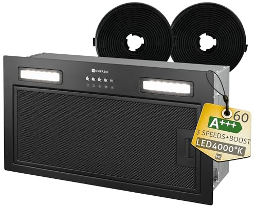 Kompatic Lane 50 KLN50BI Hotte Aspirante Encastrable 50cm, A+++, Filtres à Charbon inclus KCF4, Minuterie, Contrôle électronique, 450 m³/h, LED, 3 vitesses + boost, Evacuation/Recyclage, Noir