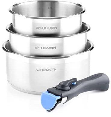 Arthur Martin, Batterie de Cuisine 4 Pièces en Aluminium Forgé, Intérieur Satiné avec Graduation, Fond Capsule, 1 Poignée Amovible, tous Feux dont Induction - 3 Casseroles (16,18 et 20 cm)