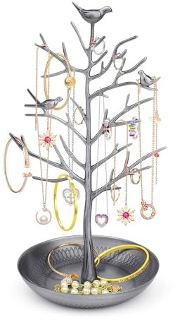 Flexzion Schmuckständer mit unterer Ablage, Schmuckbaum mit Vögeln Schmuck-Organizer Schmuckaufbewahrung Ohrringhalter Metallständer für Ketten Ohrringe Ringe Uhren(Silber)
