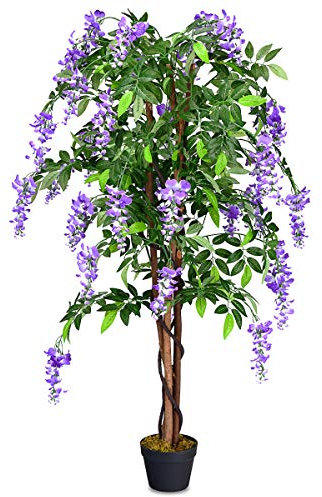 COSTWAY Arbre Artificiel Plante Artificielle en Pot avec Fausses Fleurs Violetes Convient pour Intérieur ou Extérieur Wisteria 150cm