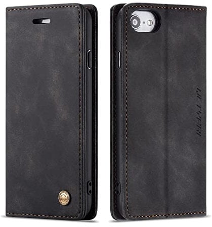QLTYPRI Case for iPhone 7/8/SE 2020/SE 2022 5G, Vintage PU Leather Wallet Case Card Slot Kickstand Magnetic Closure Shockproof Flip Folio Case Cover for iPhone SE 2022/SE 2020/8/7 - Black