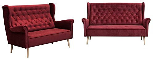 MOEBLO Polstergarnitur Ohrensofa 3 Sitzer 2 Sitzer Sofa Couch Garnitur Stoff Samt (Velour) Glamour Wohnlandschaft Chesterfield - Velo (Burgund)