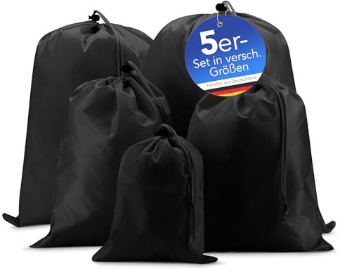 EAZY CASE Koffer Packbeutel Set 5-teilig, Reisebeutel in verschiedenen Größen, Koffer Organizer auch für Rücksäcke und Taschen, Wäschesack, Stausack mit Kordelzug, Schwarz