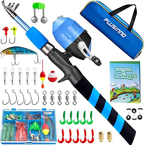 PLUSINNO Angelset für Kinder, Teleskopische Angelrute mit Angelrolle und Angelköder, Angelzubehör und Tragetasche für Salzwasser Süßwasser für Jungen, Mädchen, Jugendliche