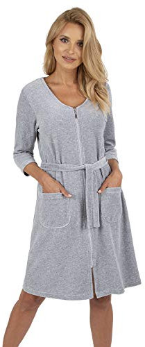 VIVISENCE Morgenmantel Baumwoll Reißverschluss Gürtel Taschen Für Zuhause Komfort 5018, Grau,L