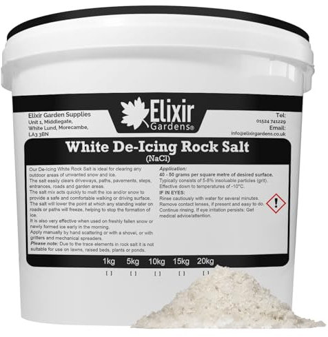 Elixir Gardens | De-Icing White Rock Salt for Gritting Snow/Ice on Roads, Paths, Pavements & Driveways | 5kg-20kg Available in Bag or Re-sealable Tub | 15kg Resealable Tub