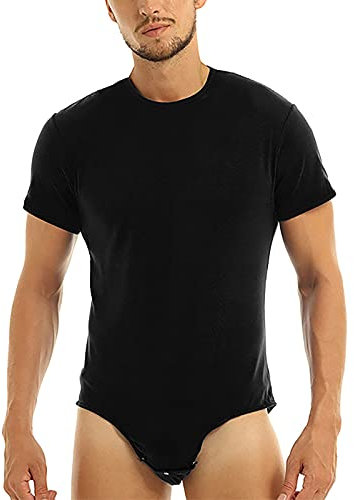 AIEOE Herren Bodysuit Kurzarm Body-Unterhemd mit Druckknöpfe im Schritt Männer Unterwäsche Overall Schwarz Größe M