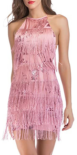 HAHAEMMA Vestido de mujer de los años 20, con flecos, con cuello halter, gran Gatsby, cóctel, fiesta, disfraz, flapper, carnaval, Rosa., S