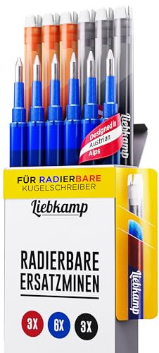 LIEBKAMP Radierbare Ersatzmine blau, rot, schwarz 0,7mm [12 Stk]|Für Radierbarer Kugelschreiber, Tintenroller Radierbar, Radierstift, Erasable Pen