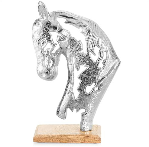 com-four® Supporto per Cavallo Decorativo Premium - Statua Scultura 20 x 32 cm in Alluminio nichelato su Base in Legno di Mango - Figura Decorativa per Stare in Piedi (Color Argento - Cavallo)