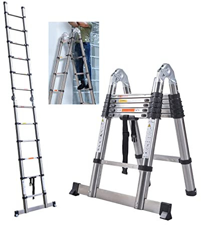 3,8m(1,9+1,9) Teleskopleiter Mehrzweckleiter Ausziehbare Kompakte Edelstahlleiter Mehrzweck-Klappleiter zum Klettern an hohen Stellen, A-Rahmen/gerade Leiter 2-Verwendungsmethode