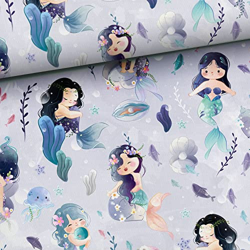 Keine Meterware, Stoffe zum Nähen, Stoff für Kinder, 100% Baumwolle: 0,5m maritimer Mädchen Baumwollstoff mit Meerjungfrauen Austern Perlen Fische - blau lila mint - Mermaid