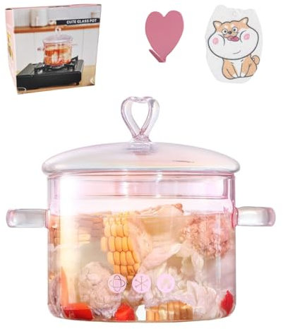 1.5L Pink Glass Potpourri Pot, 1500ml (51oz), Glass Cooking Pot, Heart-shaped Lid, Easy to Clean, Heat Resistant, Safe for Oven, Gas, Electric Stoves, and Dishwashers. for Potpourri, Pasta, and Soups.