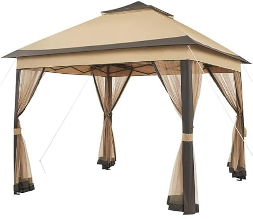 Yaheetech Tonnelle de Jardin avec Toiles Moustiquaires 3,3 x 3,3 m pour Camping Stand Commercial Fêtes Bistrot Bar Piscine Toile Imperméable Couleur Kaki et Brun