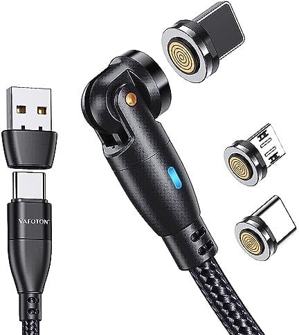 VAFOTON 360°&180° USB C Magnet Ladekabel 2M, Magnetisches Ladekabel Schnellladung PD 60W, USB C auf Typ C 9Pin Magnetkabel für Typ C/Micro USB/i-Products