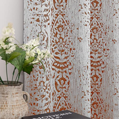 Mrs.Naturall Rusty Orange Vorhänge 160 cm Länge für Schlafzimmer, 2 Paneele, Ösen, gebranntes orangefarbenes Medaillon, Gemustert, Damast, marokkanisches Design, halbtransparente Vorhänge für