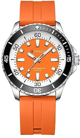 FORSINING Montre à quartz analogique classique avec bracelet en silicone - Étanche - Grand cadran - Pour homme - Style militaire, Orange, Sangle