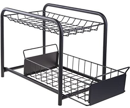 Pull Out Under Sink Cabinets Organizer - 2-Tier Mesh Wire Basket with Sliding Storage Drawer - Carbon Steel Countertop Organizer Shelf for Bathroom Kitchen Office