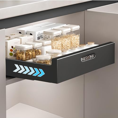 LANMOU Cajones Extraibles para Cocina, Cajon Telescopico Cocina, Cajón Deslizante Adhesivo, Ampio:Profondo:Alto: 30x43x8cm, Acero al Carbono, Sin Necesidad de Taladrar Ni Clavar, Nero