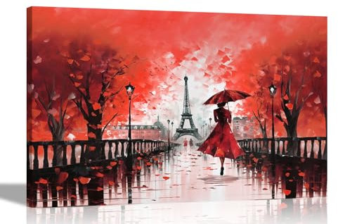 Artley Prints - Impresión romántica en lienzo rojo de la calma de la lluvia en París, arte de pared para sala de estar, dormitorio, cuadros de ciudad, pintura al óleo reimpresión 40 x 30 cm (16 x 12