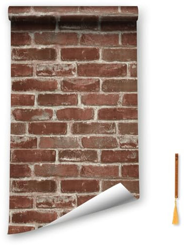 Oufdj-iPro Stein Tapete Ziegel Vinyl Tapete Selbstklebende Tapete Rote Ziegel Selbstklebende Tapete Wasserdichte Wanddekoration Rolle mit exquisiten Lesezeichen aus Holz, 44.5x400CM