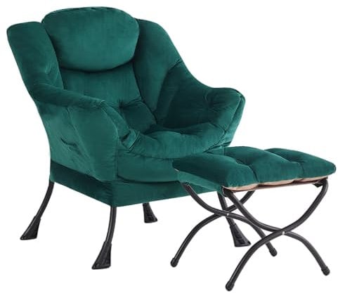 YOTATING Comfy Armchair with Footstool, Lazy Chair with Ottoman Leisure Accent Chair Relax Lounge Chair with Armrests & Side Pocket for Living Room, Bedroom & Small Spaces Armchair, Dark Green