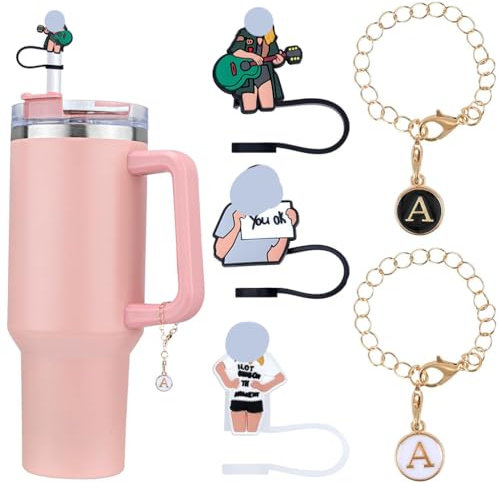 FCVOCL Straw Cover Cap for Stanley Cup Anti-dust Soft Straw Drinking Straw Caps for 0.39 Inch/10 mm Straw Tips Singer Fans Gift with 2PCS ID Initial Letter Charm